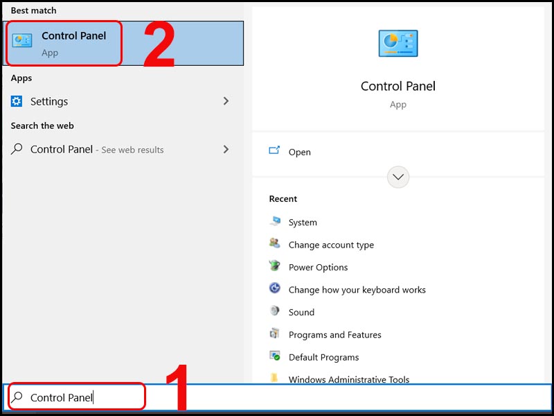 Dùng công cụ tìm kiếm để mở Control Panel